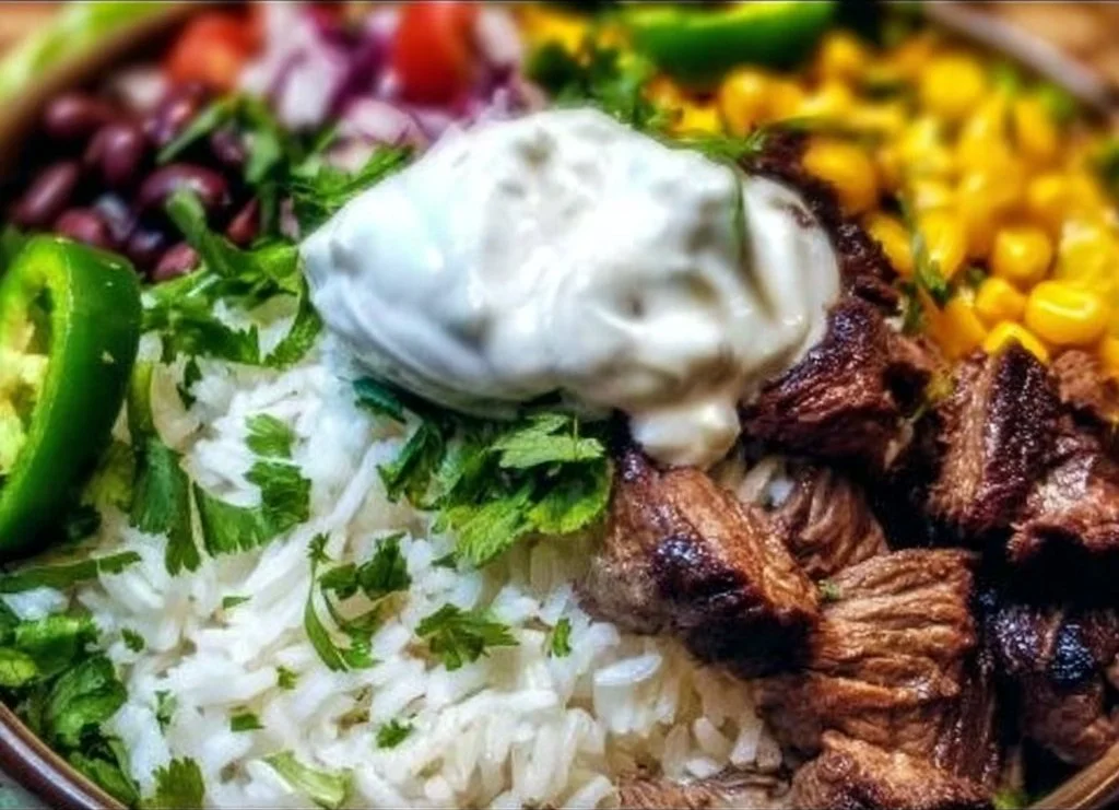 Delicious Steak Burrito Bowl with tender steak, rice, and fresh toppings