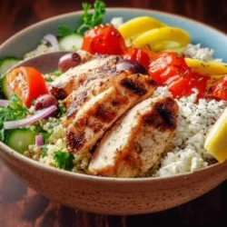 Delicious Greek Chicken Bowls with Lemony Quinoa served in a vibrant bowl