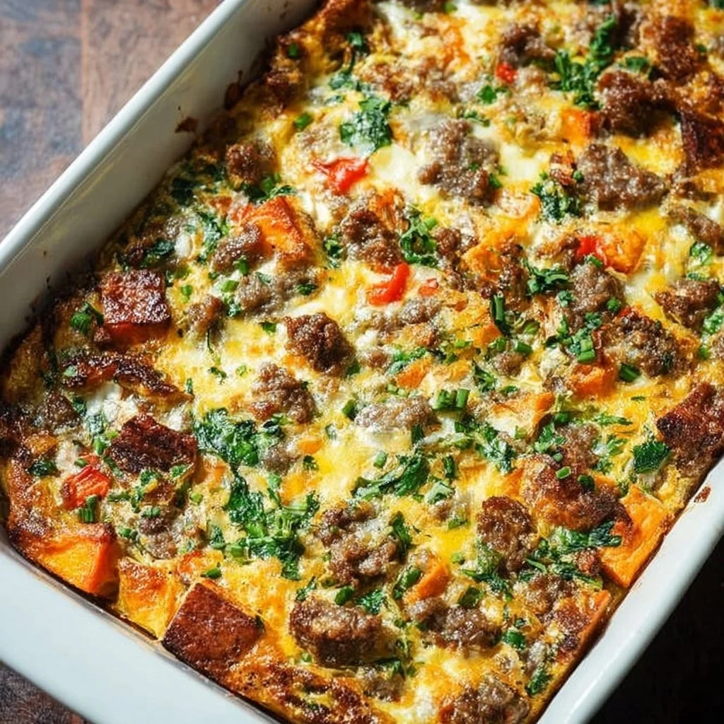 Delicious sweet potato sausage breakfast casserole ready to serve.