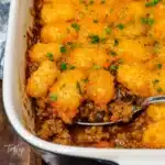 Delicious Tater Tot Casserole fresh out of the oven, topped with golden tater tots.