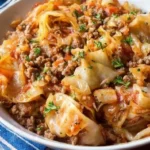 Delicious unstuffed cabbage rolls served in a bowl with sauce and herbs