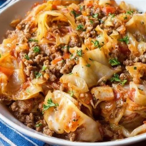 Delicious unstuffed cabbage rolls served in a bowl with sauce and herbs