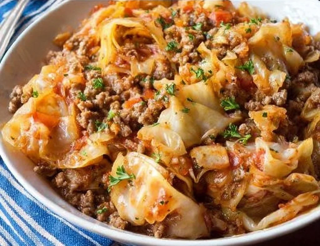 Delicious unstuffed cabbage rolls served in a bowl with sauce and herbs